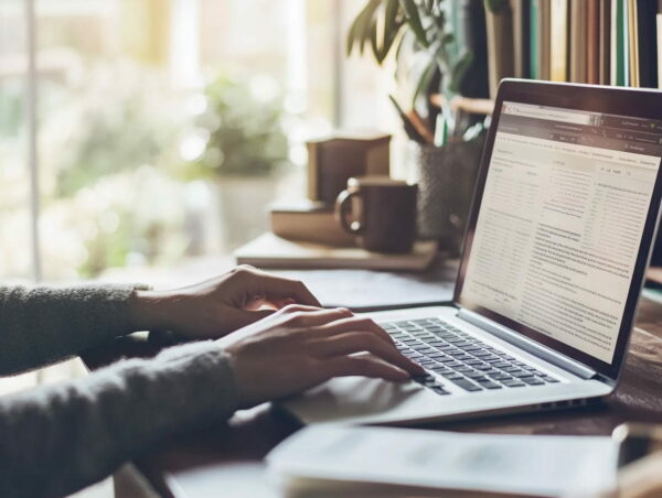 Content-Recherche am Laptop Person recherchiert online für Content-Erstellung am Laptop