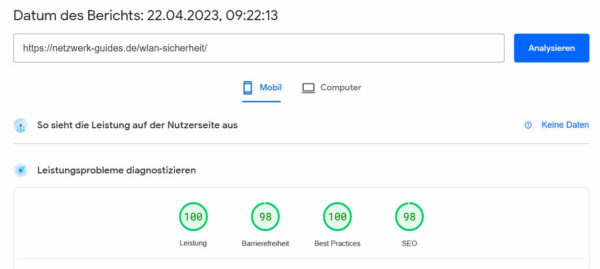 Pagespeed-Auswertung einer meiner Nischenseiten