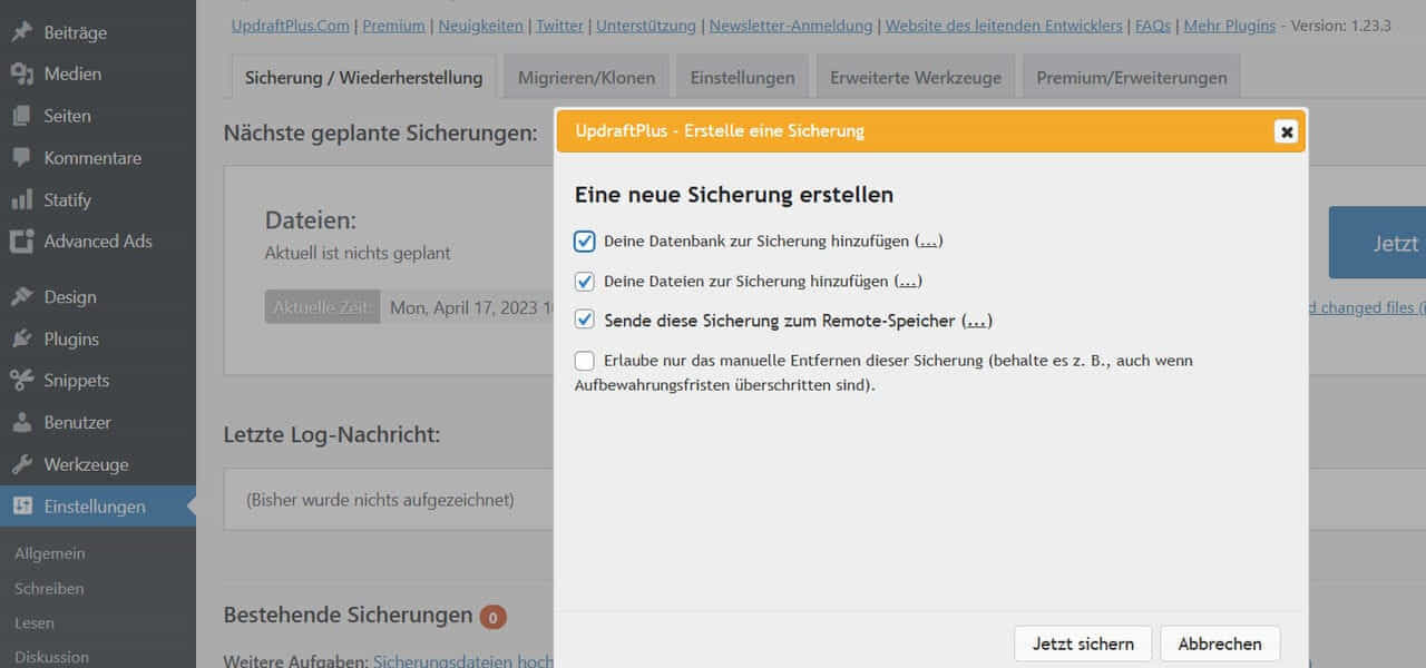 WordPress Backup einrichten mit UpdraftPlus