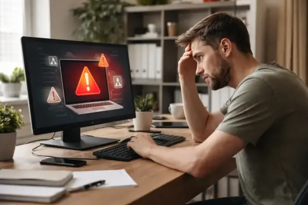Ohne Backup: Warum WordPress-Websites schnell in Gefahr geraten Fehlermeldung auf dem Bildschirm zeigt das Risiko fehlender WordPress-Backups