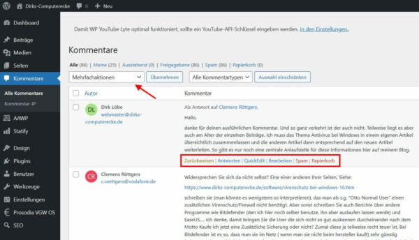 WordPress Kommentare löschen einzeln oder alle