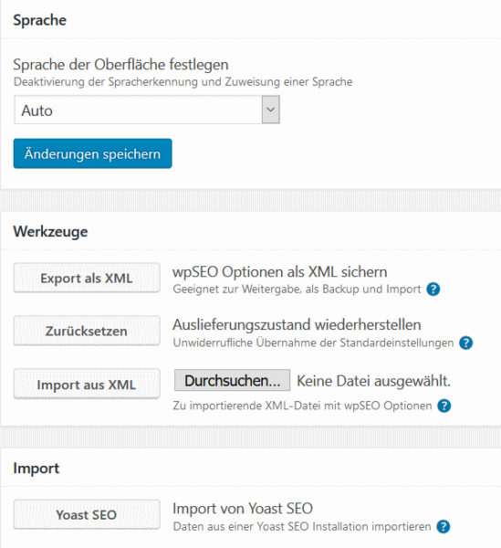 wpSEO Einstellungen Import Export