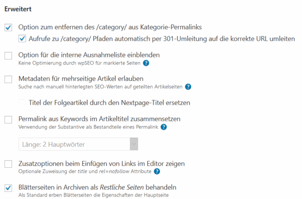 wpSEO erweiterte Einstellungen