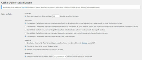 Cache Enabler Einstellungen Cache Enabler Einstellungen