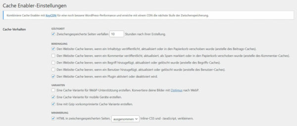 Cache Enabler Einstellungen