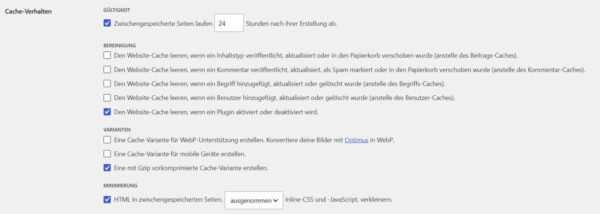 Empfohlene Cache Enabler Einstellungen für WordPress Empfohlene Cache Enabler Einstellungen mit 24 Stunden Cache-Gültigkeit, Gzip und HTML-Minimierung
