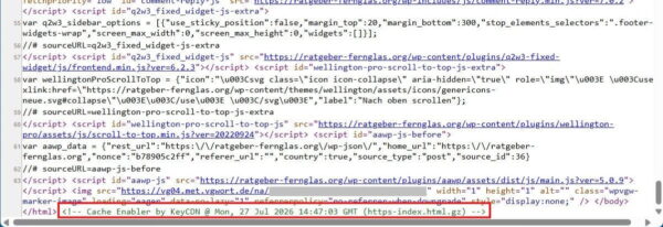 Cache Enabler im Seitenquelltext auf Funktion prüfen Cache Enabler Einstellungen prüfen anhand des Cache-Hinweises im HTML-Quelltext