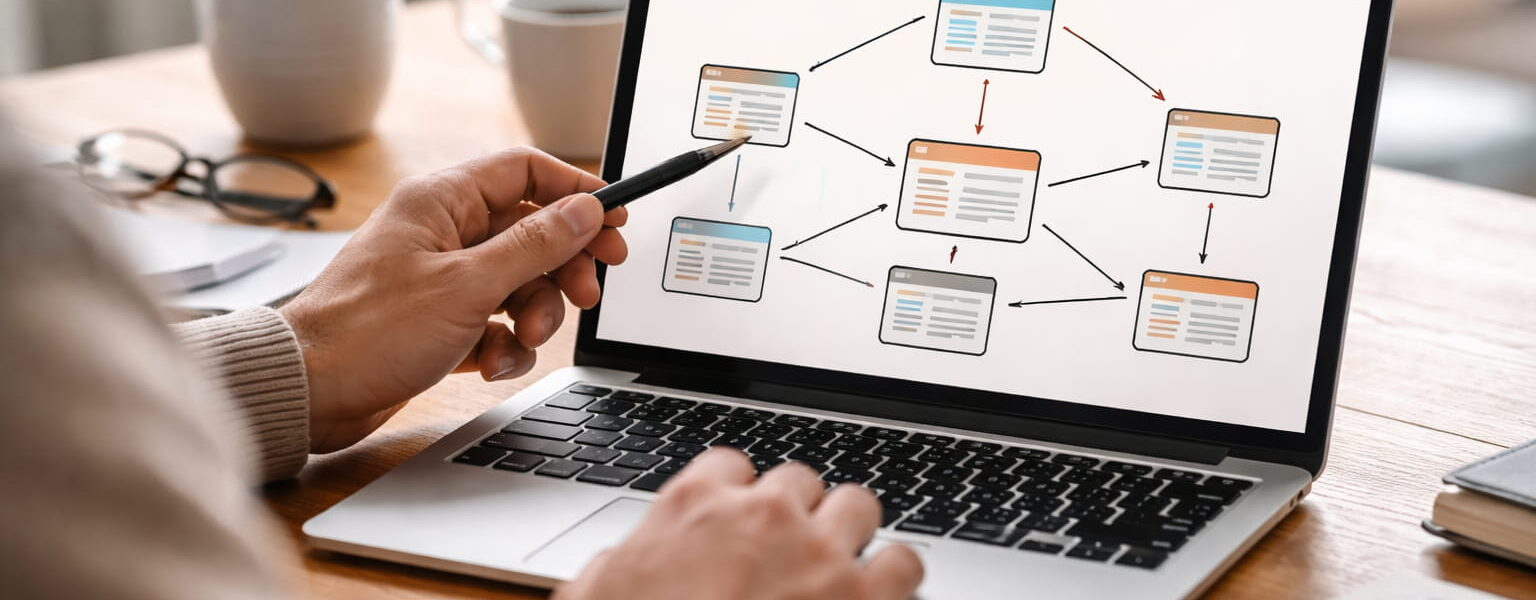 Interne Verlinkung als visuell dargestellte Website-Struktur mit verbundenen Seiten auf einem Laptop