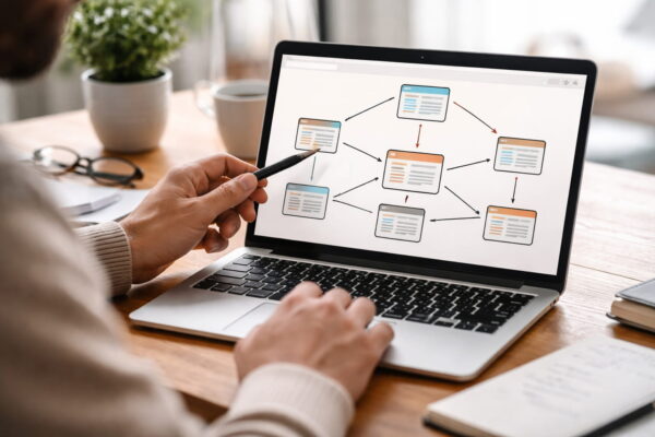 Interne Verlinkung als visuell dargestellte Website-Struktur mit verbundenen Seiten auf einem Laptop