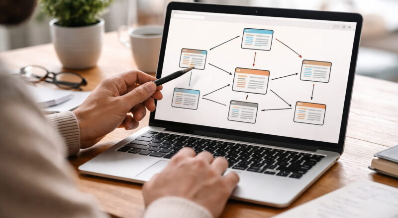 Interne Verlinkung als visuell dargestellte Website-Struktur mit verbundenen Seiten auf einem Laptop