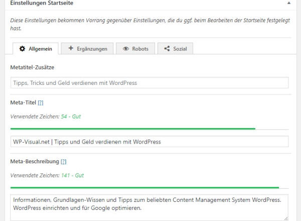 The SEO Framework Einstellungen Startseite