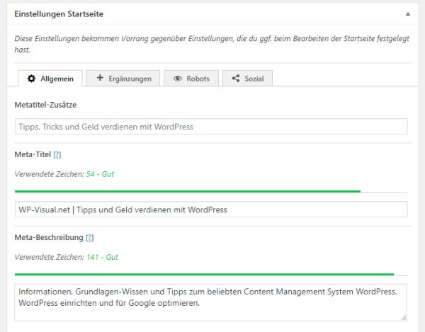 The SEO Framework Einstellungen Startseite