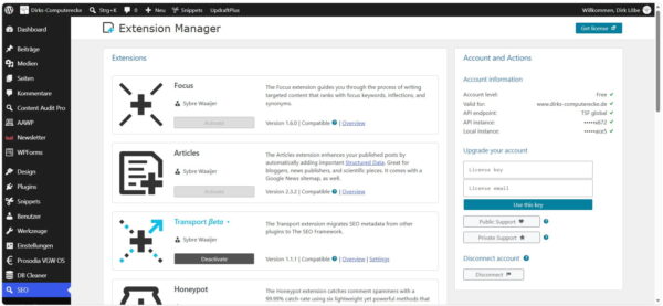 Extension Manager von The SEO Framework mit aktivierter Transport-Beta-Erweiterung