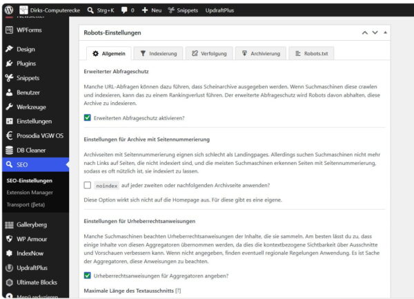 Robots-Einstellungen in The SEO Framework mit Optionen für Indexierung und Archivseiten
