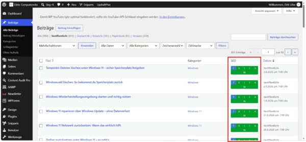 SEO-Bar von The SEO Framework in der WordPress-Beitragsübersicht
