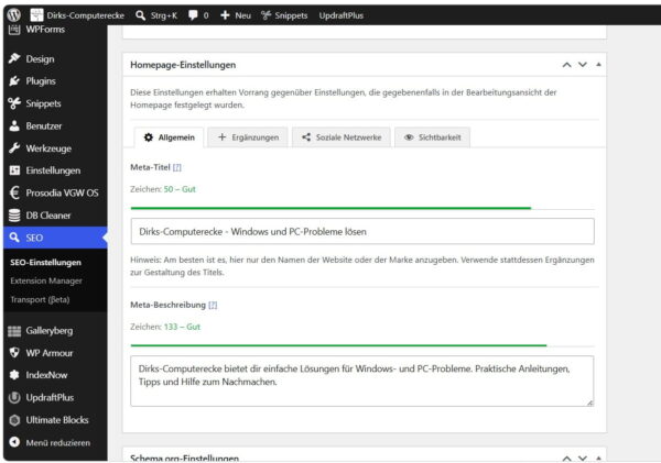 Startseiten-Einstellungen in The SEO Framework mit Meta-Titel und Meta-Beschreibung