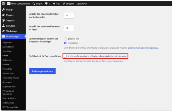 WordPress-Einstellung zur Sichtbarkeit für Suchmaschinen unter Einstellungen und Lesen