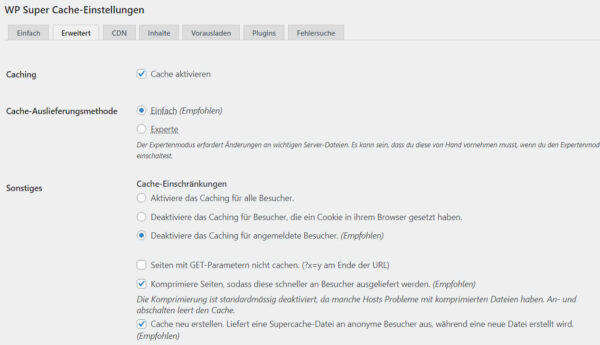WP Super Cache erweiterte Einstellungen WP Super Cache erweiterte Einstellungen