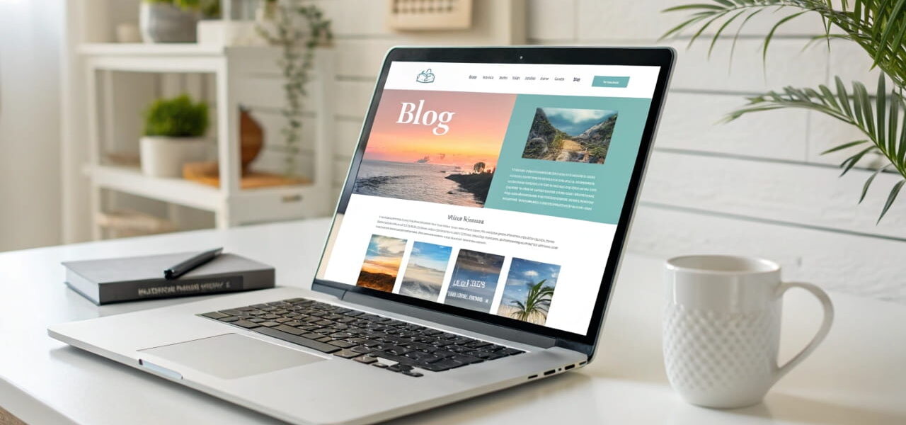 Laptop mit ansprechendem Blog-Design und klarer Navigation auf weißem Schreibtisch