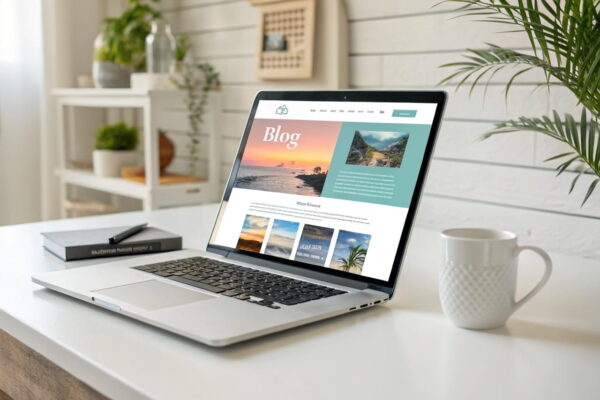 Die Bedeutung eines durchdachten Blog-Designs – Optimale Struktur und Ästhetik Laptop mit ansprechendem Blog-Design und klarer Navigation auf weißem Schreibtisch