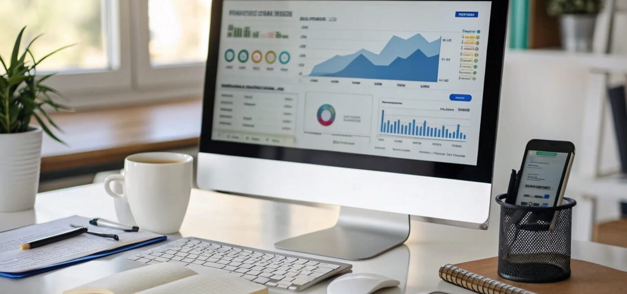 Website-Traffic-Dashboard zeigt Besucherzahlen und Grafiken auf einem Computerbildschirm.