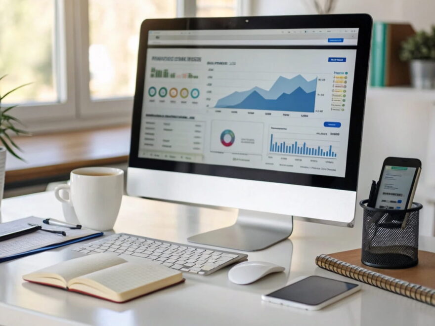 Website-Traffic-Dashboard zeigt Besucherzahlen und Grafiken auf einem Computerbildschirm.
