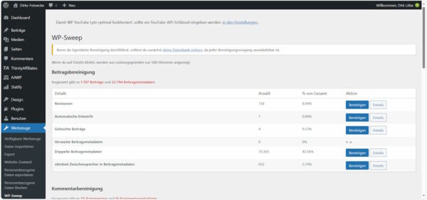 WP-Sweep vor der Datenbankbereinigung