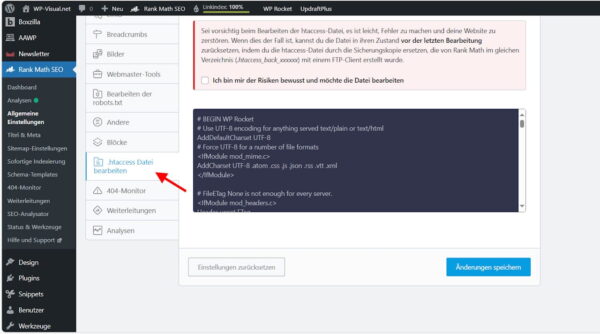 WordPress htaccess über Rank Math SEO im Admin-Bereich anpassen .htaccess-Datei in WordPress mit Rank Math direkt im Dashboard bearbeiten