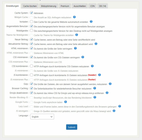 optimale Einstellungen von WP Fastest Cache