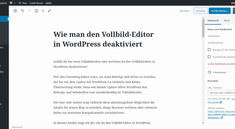 Beitrag erstellen im Gutenberg Editor ohne Vollbild