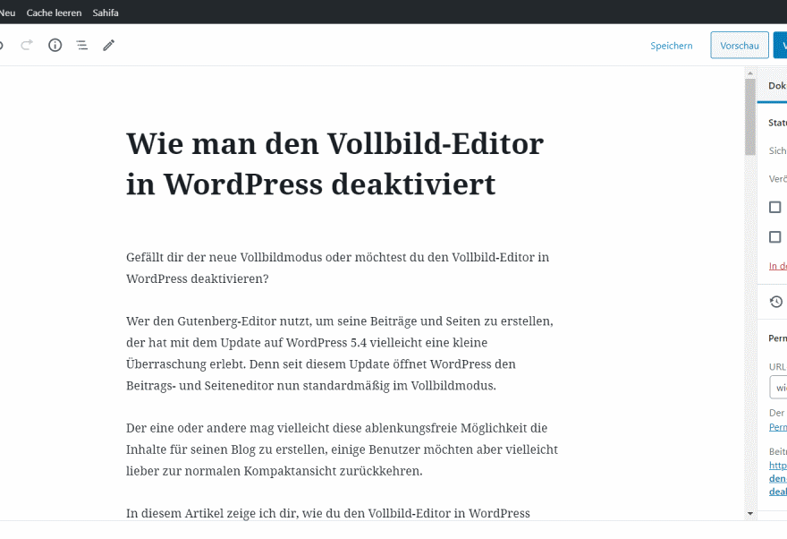 Beitrag erstellen im Gutenberg Editor ohne Vollbild