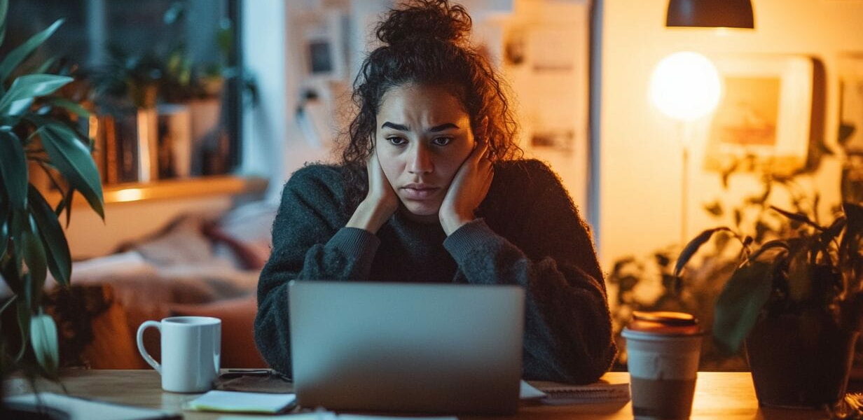 Blogger überlegt, ob er seinen Blog aufgeben soll, nachdenklich am Schreibtisch sitzend.