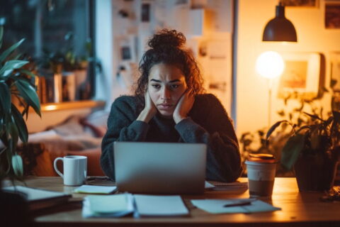 Blogger überlegt, ob er seinen Blog aufgeben soll, nachdenklich am Schreibtisch sitzend.
