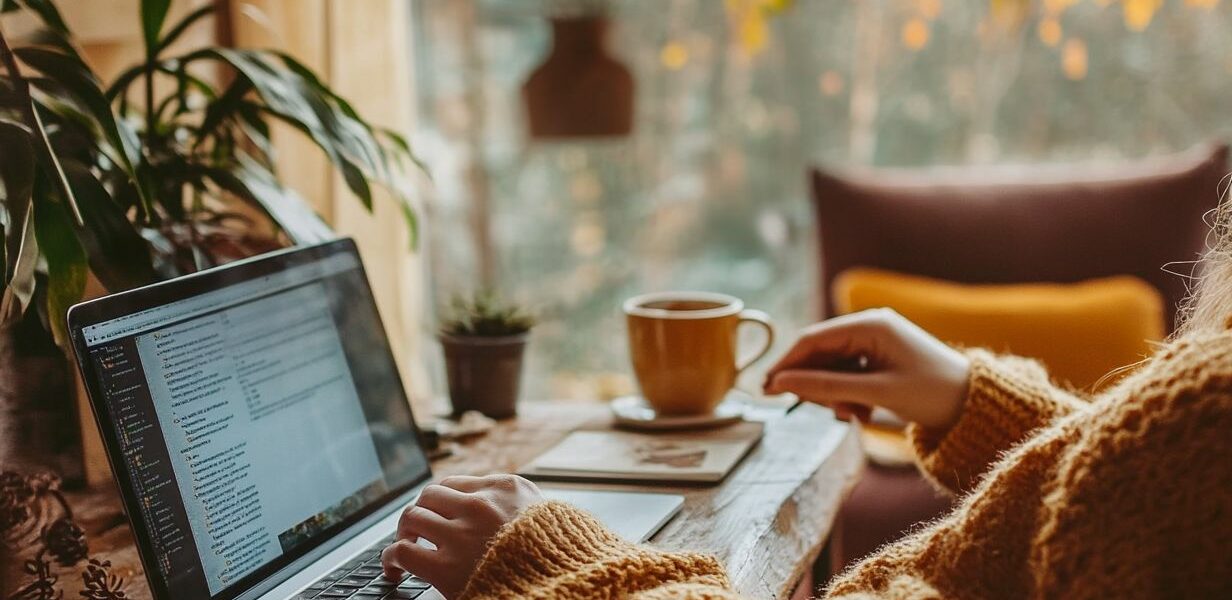 Person am Schreibtisch mit Kaffee, die über Bloggen als Beruf schreibt