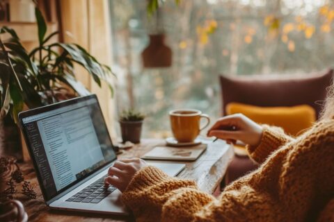 Person am Schreibtisch mit Kaffee, die über Bloggen als Beruf schreibt