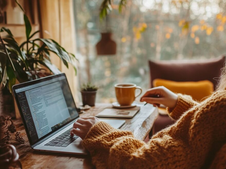 Person am Schreibtisch mit Kaffee, die über Bloggen als Beruf schreibt