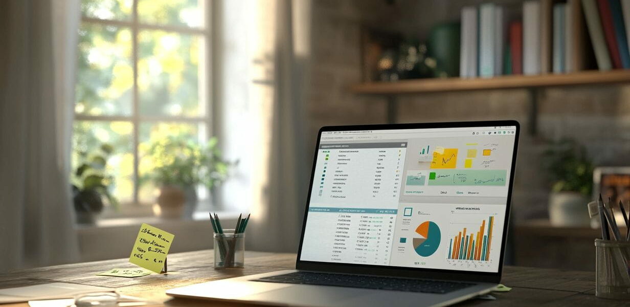 Arbeitsplatz mit Laptop, der eine Nischenseite-Optimierung zeigt, umgeben von Notizen und SEO-Tools.