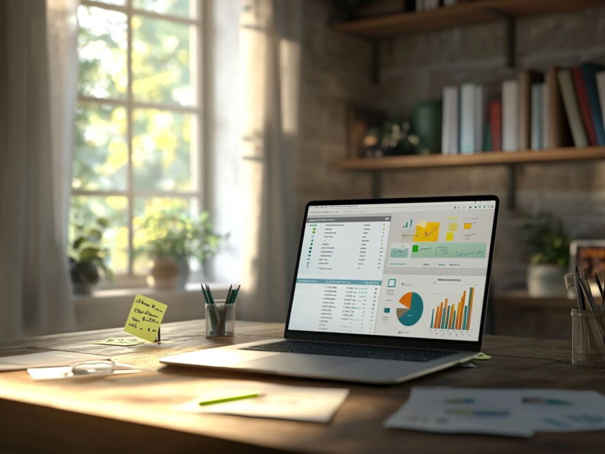 Arbeitsplatz mit Laptop, der eine Nischenseite-Optimierung zeigt, umgeben von Notizen und SEO-Tools.