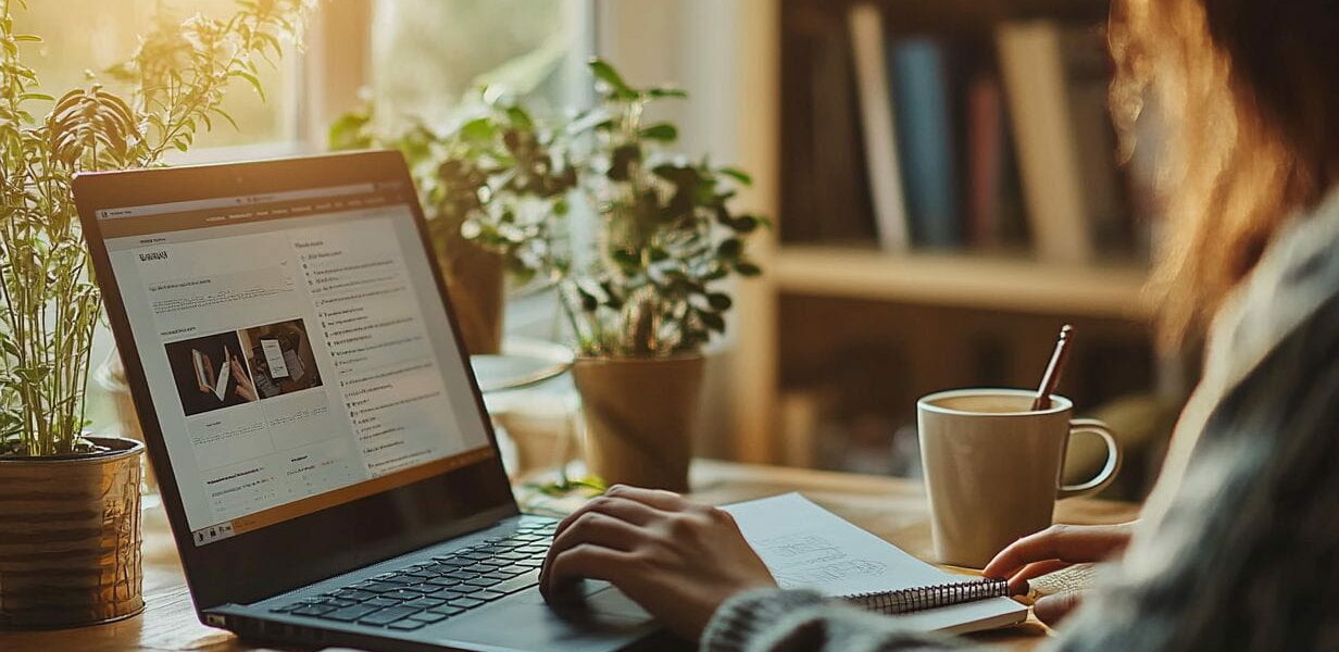 Person arbeitet am Laptop und erstellt eine Nischenseite im Home-Office.