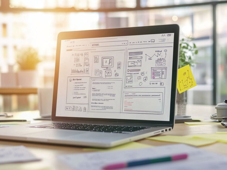 Person optimiert die Usability einer Webseite mit Laptop und Webdesign-Notizen.