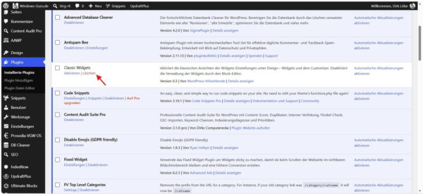 WordPress Plugin deaktivieren und anschließend löschen