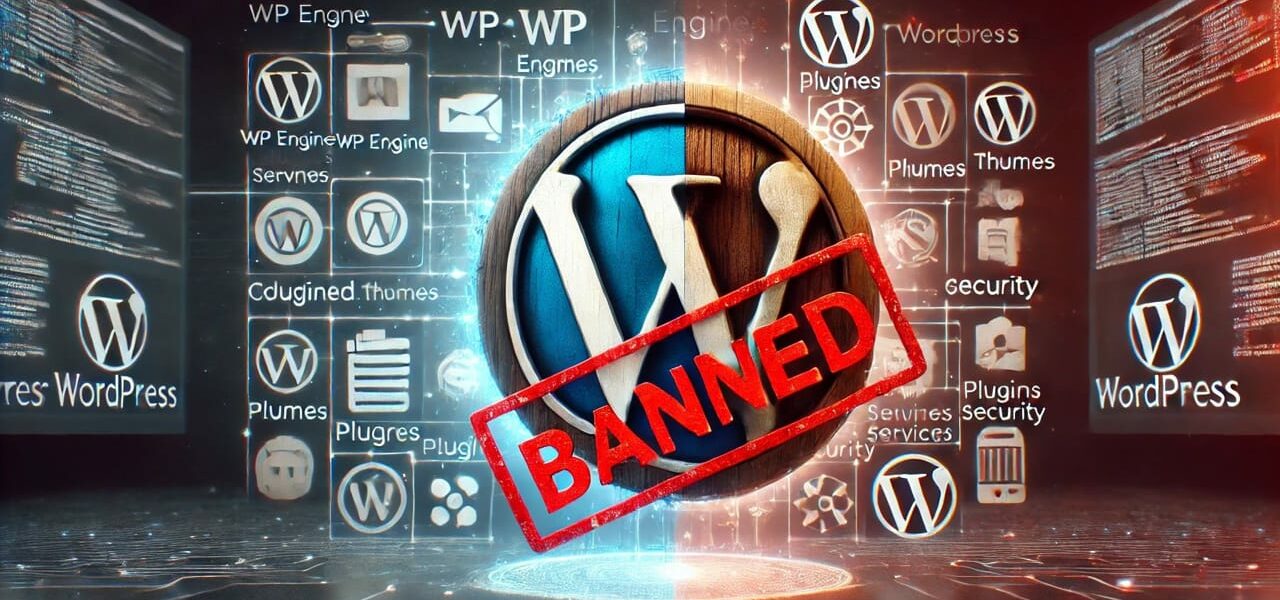 WP Engine mit 'banned'-Stempel neben WordPress-Logo und digitalen Diensten