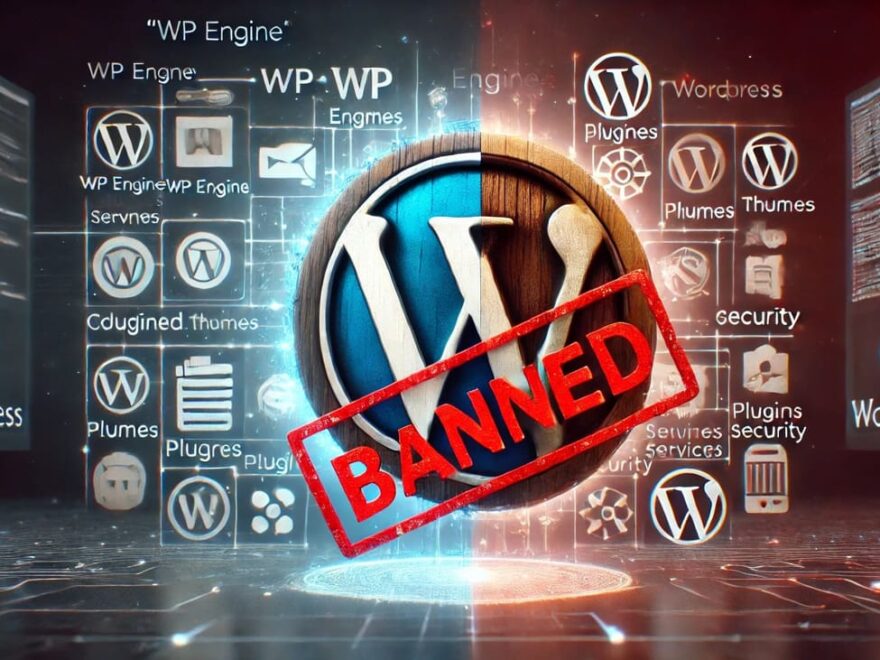 WP Engine mit 'banned'-Stempel neben WordPress-Logo und digitalen Diensten