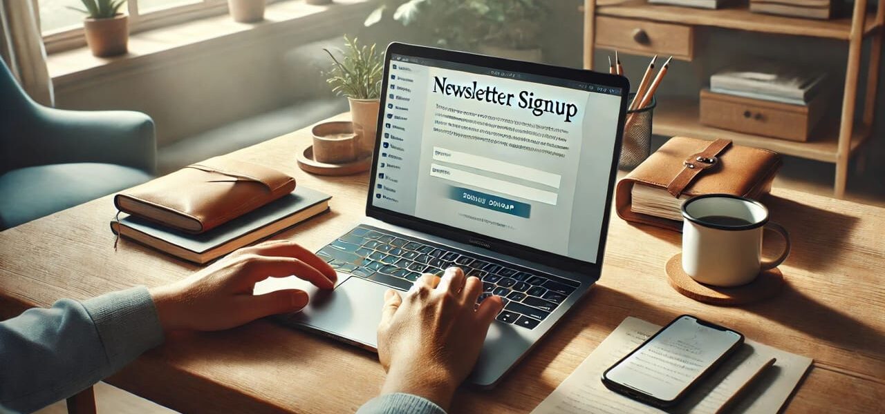 Blogger am Laptop schreibt E-Mail-Liste in einem modernen Arbeitsumfeld