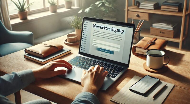 Blogger am Laptop schreibt E-Mail-Liste in einem modernen Arbeitsumfeld