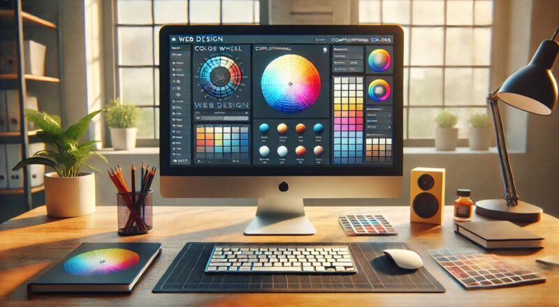 Webdesign-Interface mit Komplementärfarben auf einem Computerbildschirm