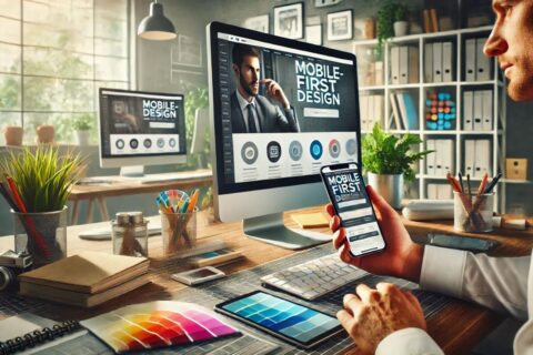 Designer arbeitet am Mobile-First-Design an Computer und Smartphone