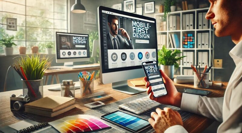 Designer arbeitet am Mobile-First-Design an Computer und Smartphone