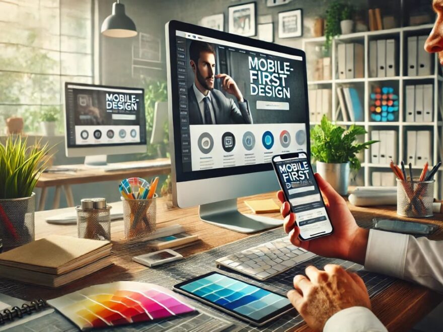 Designer arbeitet am Mobile-First-Design an Computer und Smartphone