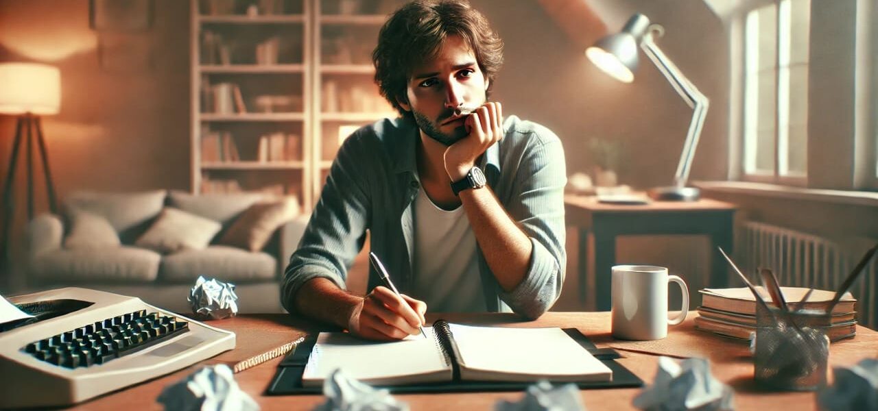 Autor am Schreibtisch mit Schreibblockade, nachdenklich vor leerem Notizbuch